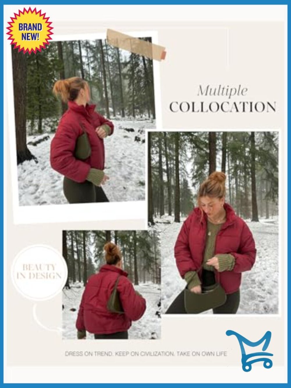 Quilted Puffer Jacket Long Sleeve Full Zip Coat with Pockets - Picture 6 of 7